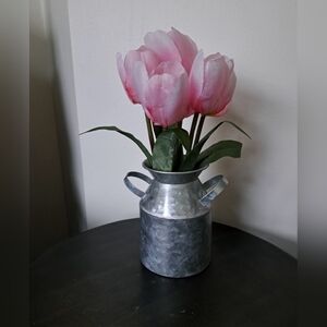 Faux Pink Tulip Arrangement in Silver Metal Vase
